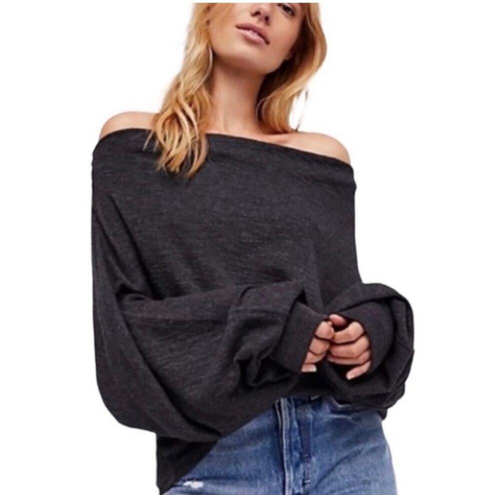We the Free Slouchy Off the Shoulder Gray Henley Oversized Top Size Large